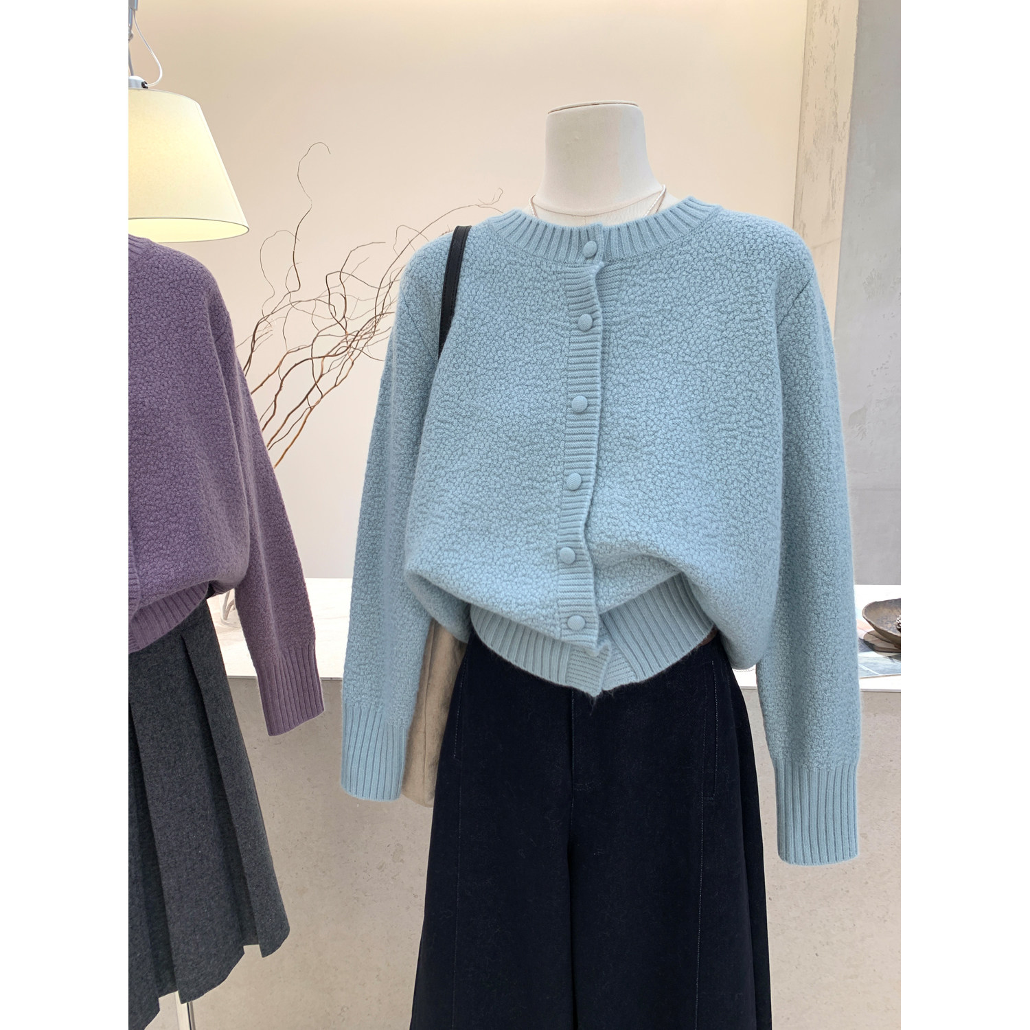 小哲 极简风软糯宽松慵懒圆领开衫毛衣女单排扣加厚针织外套上衣