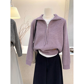 小哲 复古半拉链高领毛衣女秋冬宽松软糯套头慵懒花纱针织衫 上衣
