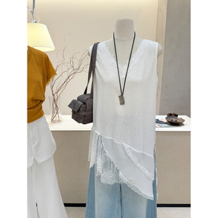 小哲 浪漫风白色V领蕾丝拼接不规则吊带背心女叠穿内搭上衣 法式