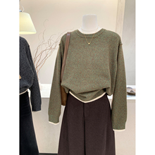 小哲 慵懒风双色圆领宽松毛衣女双股撞色假两件长袖针织衫上衣