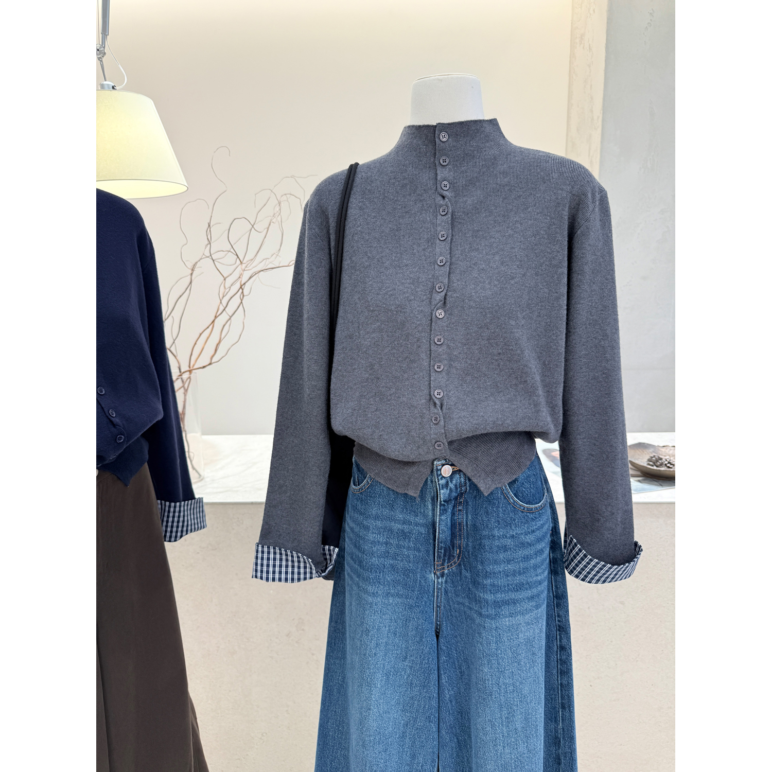 韩版半高领单排扣拼接针织开衫