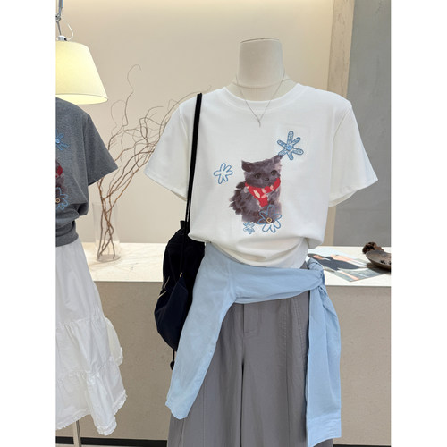 韩版猫咪印花短袖T恤女显瘦减龄