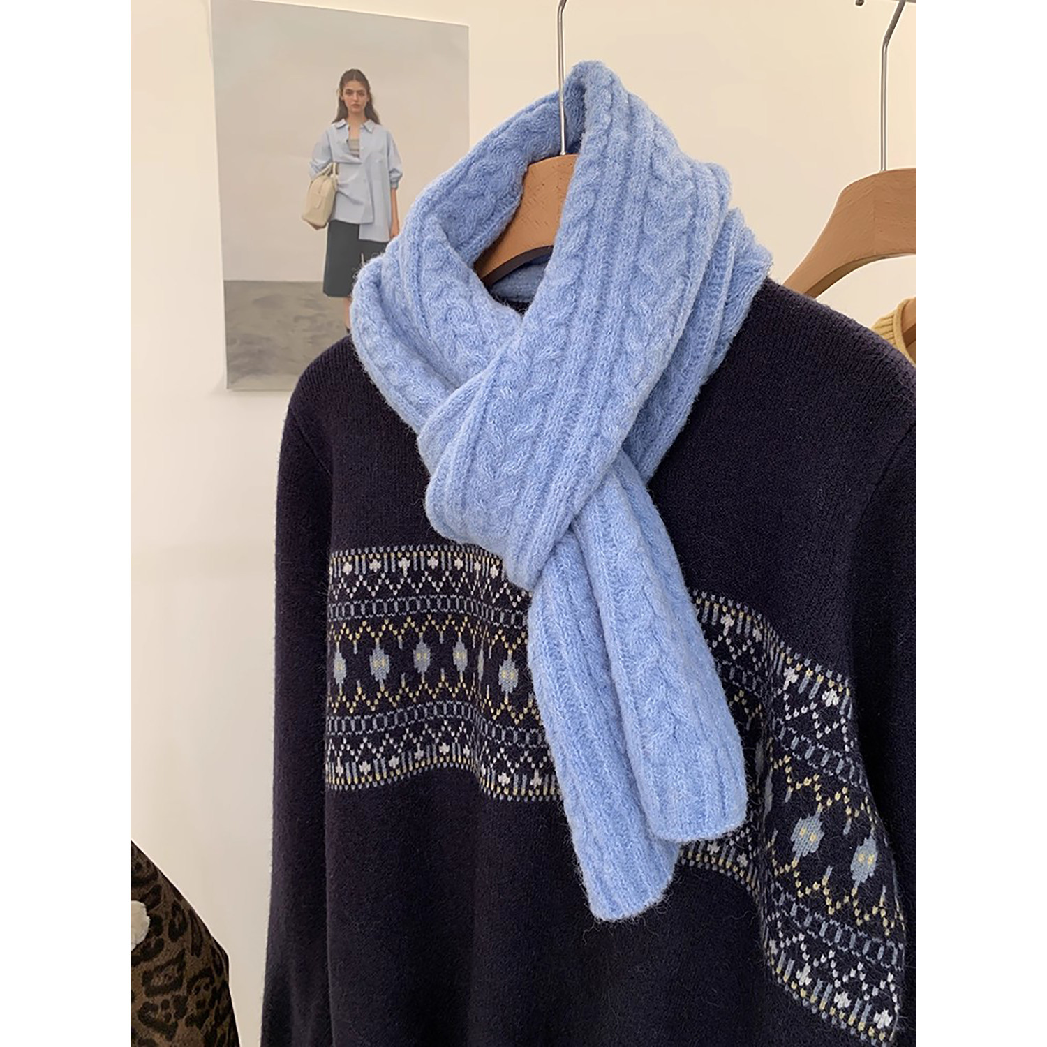 小哲 绞花针织毛线围巾女秋冬复古氛围感百搭护颈保暖麻花围脖