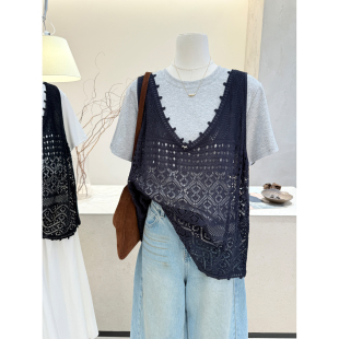 小哲 t恤显瘦上衣 镂空蕾丝钩花V领针织马甲女高级感叠穿背心短袖