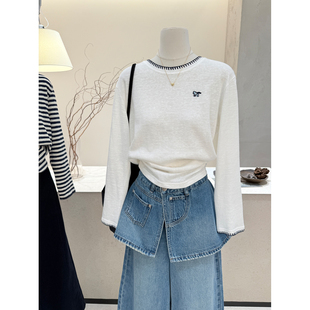 圆领刺绣小马显瘦上衣打底衫 小哲 新款 T恤女春季 撞色百搭宽松长袖