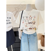 杏色圆领T恤宽松韩系卡通印花短袖 小哲百搭夏季 新款 体恤女上衣