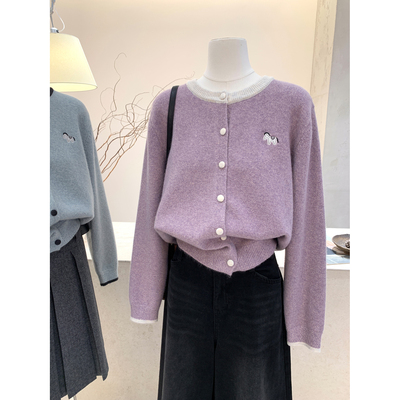 韩系撞色圆领针织开衫毛衣外套