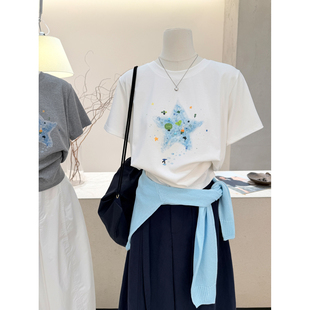 小哲 卡通风星星印花短袖T恤女夏季白色圆领显瘦小个子休闲上衣