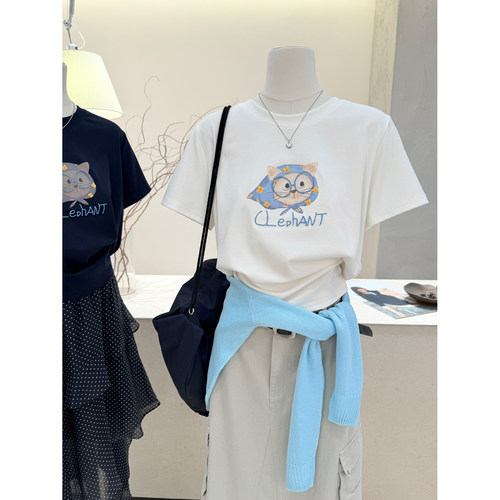 夏季白色卡通小猫刺绣短袖T恤女