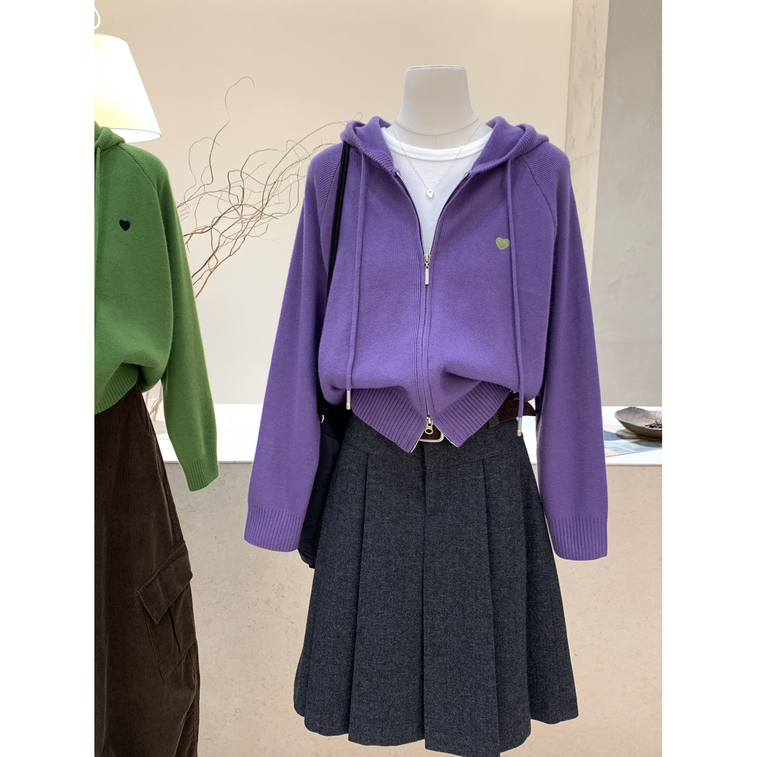 小哲 慵懒风插肩袖连帽拉链开衫毛衣女秋冬紫色宽松显瘦针织外套