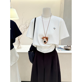 T恤女春夏白色圆领宽松显瘦百搭上衣 休闲风刺绣小狗短袖 小哲 韩式