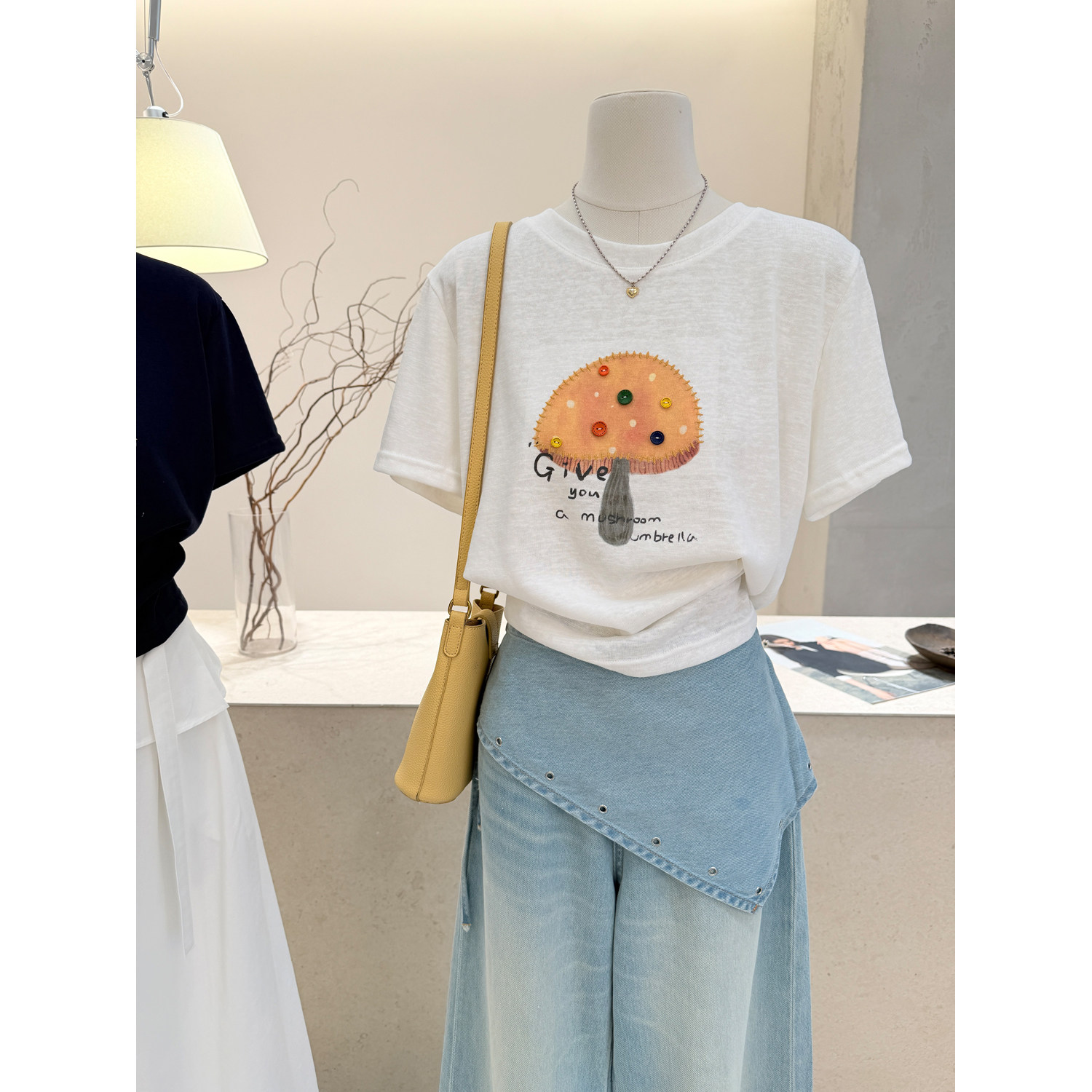 小哲 休闲风蘑菇印花短袖T恤女夏季新款宽松显瘦百搭休闲圆领上衣