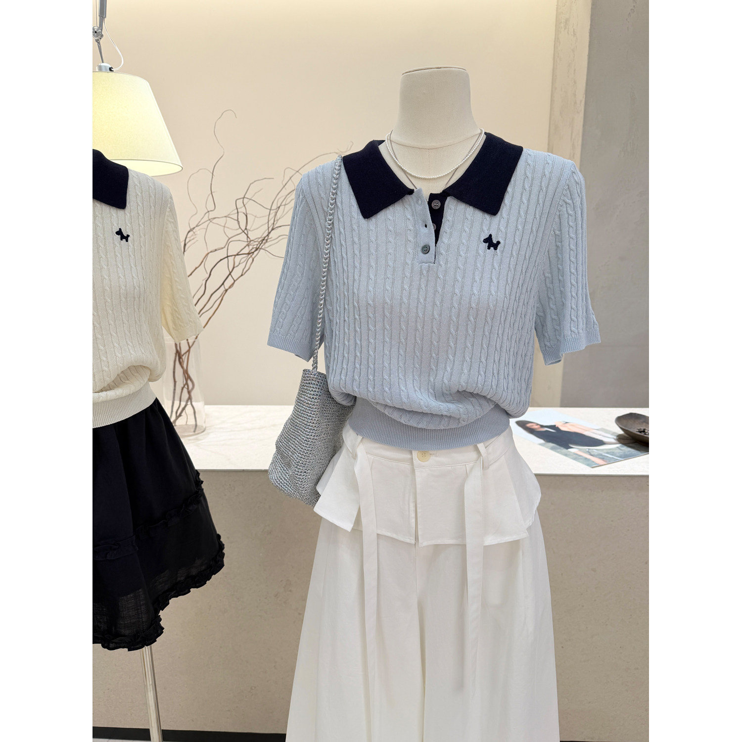 小哲 韩式设计感POLO领麻花针织衫女短袖撞色拼接百搭翻领上衣