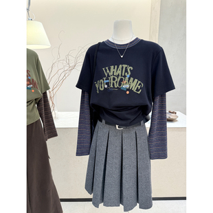 新款 T恤女2026春季 百搭显瘦上衣 字母印花条纹拼接假两件长袖 小哲