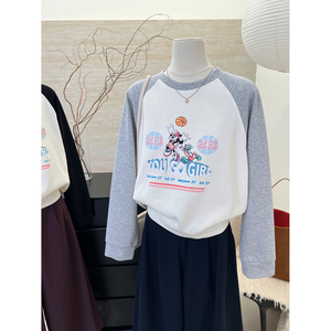 小哲 韩系撞色可爱卡通印花插肩袖长袖T恤女减龄秋季新款圆领卫衣