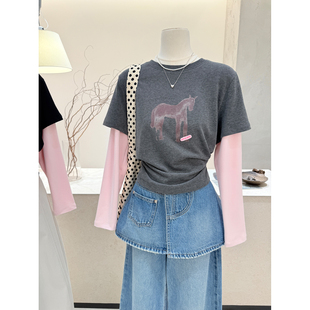 T恤女春季 小马印花撞色假两件长袖 宽松显瘦百搭打底上衣 韩版 小哲