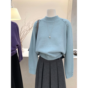 半高领纽扣装 修身 饰插肩修针织衫 新款 显瘦高级感毛衣 女冬季 小哲