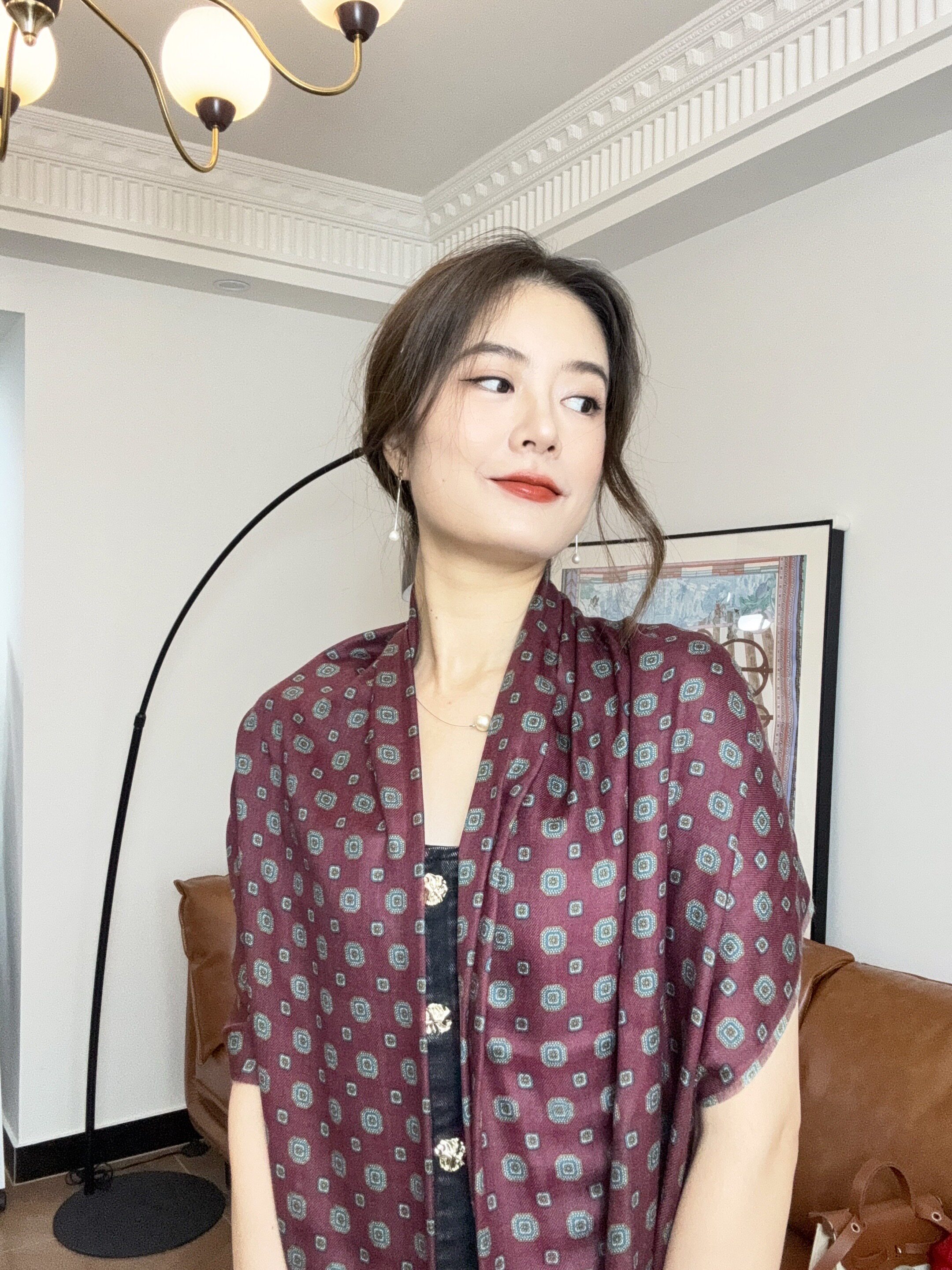 【瑶嘉】方钻女王尊贵紫红色220支澳毛戒指绒保暖秋冬围巾披肩
