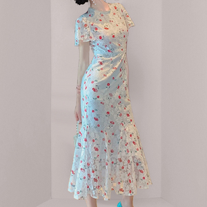 RM21790#夏装新款名媛女装蕾丝樱桃印花连衣裙修身显瘦气质鱼尾裙