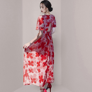 RM21788#夏装新款名媛女修身显瘦碎花系带红色高腰雪纺连衣裙长裙
