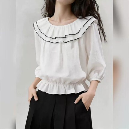 法式设计感白色荷叶边领衬衫女2026年夏季新款七分袖宽松显瘦上衣