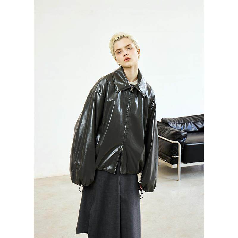 MeeLeeMeeLab原创绅士复古优雅环保PU进口驼绒夹棉拉链飞行员夹克