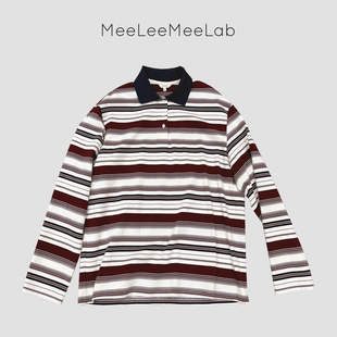 polo衫 复古条纹方领宽松长袖 T恤 原创绅士优雅经典 MeeLeeMeeLab