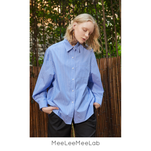 MeeLeeMeeLab 襯衣 子藍(lán)條紋進(jìn)口高支全棉襯衫 原創(chuàng)大廓形大袖