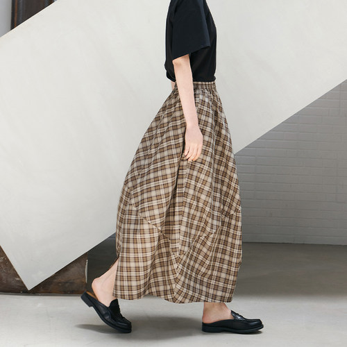 【佳雪佳敏直播精选】优雅不规则格纹拼接松紧腰花苞大摆长半裙