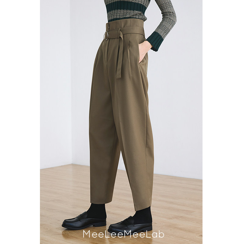 MeeLeeMeeLab 原创高腰绑带进口高克重精纺毛料宽松萝卜裤锥形裤