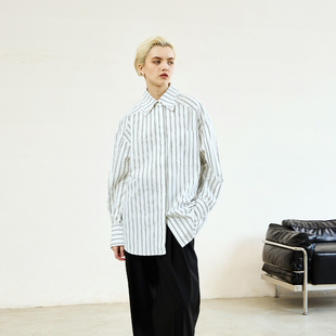 MeeLeeMeeLab原创优雅碳素磨毛色织条纹立体工艺装饰长袖衬衫