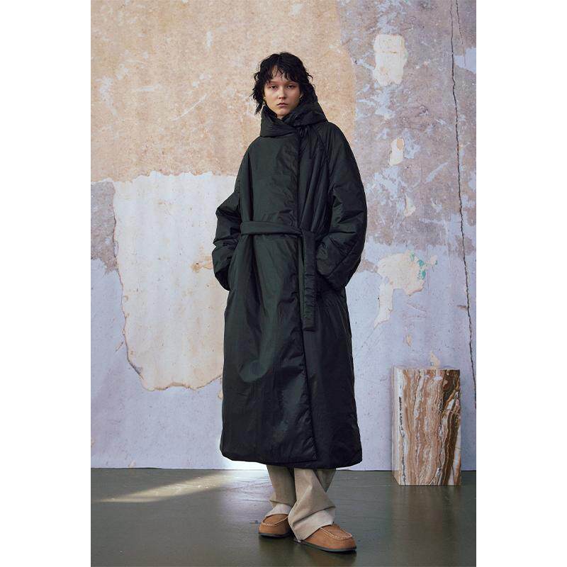 MeeLeeMeeLab 绅士优雅极简系带进口驼绒宽松大摆超长款连帽外套