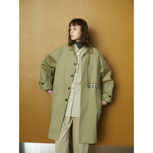 MeeLeeMeeLab经典 原创绅士优雅重磅棉小方领格子拼接中长风衣外套