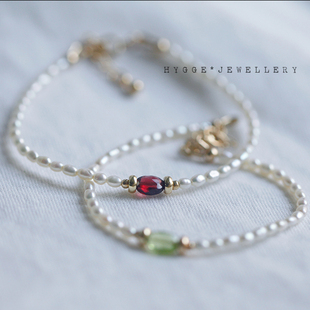 一月 八月生辰石 淡水珍珠橄榄石石榴石手链守护石精致小巧女礼物