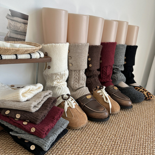 秋冬加厚灰色纽扣翻边袜套咖啡堆堆袜女叠穿百搭针织复古麻花腿套