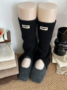 黑色字母布标开叉袜套女秋冬款叠穿显瘦羊毛针织堆堆腿套修饰腿型