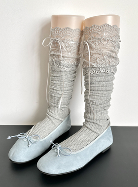 浅灰色miu系蕾丝花边膝长筒堆堆袜女春秋深灰色蝴蝶结丝带高筒袜