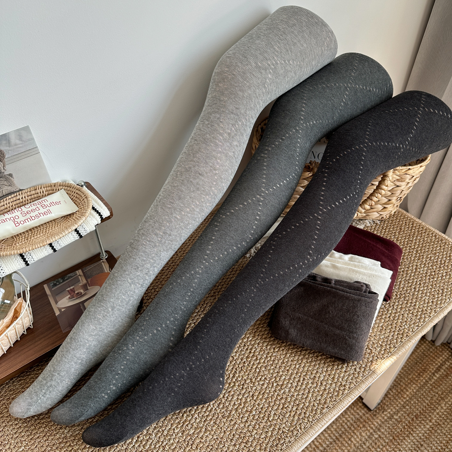 灰色菱格镂空连裤袜春秋薄款棉微压显瘦格雷系复古咖外穿打底裤袜