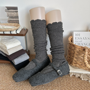 深灰色小腿袜女秋冬羊毛袜长筒中筒袜复古菱格保暖袜堆堆袜格雷系