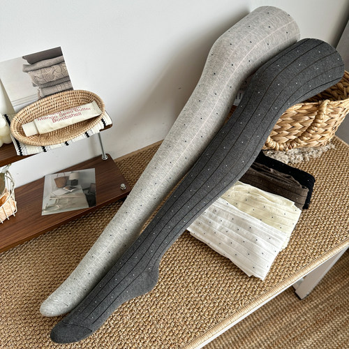 灰色宽条纹波点连裤袜秋冬复古时髦显瘦微透竖纹格雷系外穿打底袜