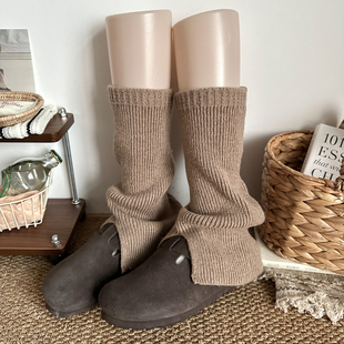 复古咖啡色秋冬针织保暖羊毛袜套女开叉堆堆中筒叠穿简约腿套韩系