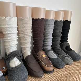 羊毛小腿袜女士秋冬加厚保暖灰色堆堆袜配小皮鞋 显瘦菱格针织长袜