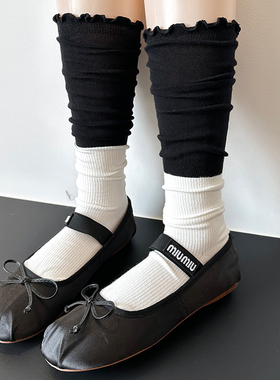 新款miu风撞色中筒袜女春秋款木耳边堆堆袜子日系jk奶白色小腿袜