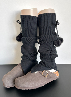 日系秋冬毛球装系绳饰腿套袜套jk纯欲风堆堆袜保暖黑色少女过膝袜
