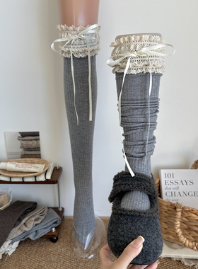浅灰色过膝袜秋冬款加厚保暖蝴蝶结格雷系长筒蕾丝花边烟灰大腿袜