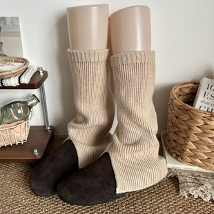 卡其色秋冬美拉德复古袜套开叉羊毛针织加厚保暖袜ins显瘦堆堆袜