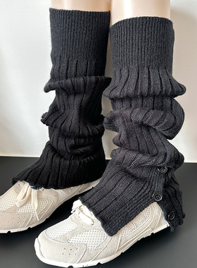 2025新爆款秋冬黑色堆堆袜套奶白腿套女中筒针织竖条开叉小腿袜子