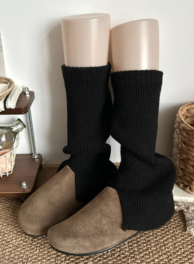黑色羊毛袜套miu系女秋冬季保暖针织开叉腿套纯色时髦小腿堆堆袜