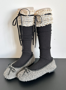 日系秋冬小腿袜lolita女jk蝴蝶结竖纹显瘦堆堆甜美黑色拼接中筒袜