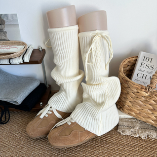 日系jk奶白色绑带阔腿袜套女秋冬甜美腿套Y2K芭蕾风蝴蝶结堆堆袜